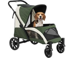PawHut Hundewagen Hundebuggy klappbar für große Hunde & Katzen bis 30 kg Katzenbuggy mit Kissen Netzfenstern Türen Aufbewahrungstasche Katzenwagen mit Sicherheitsleinen, Bremsen, Buggy Dunkelgrün