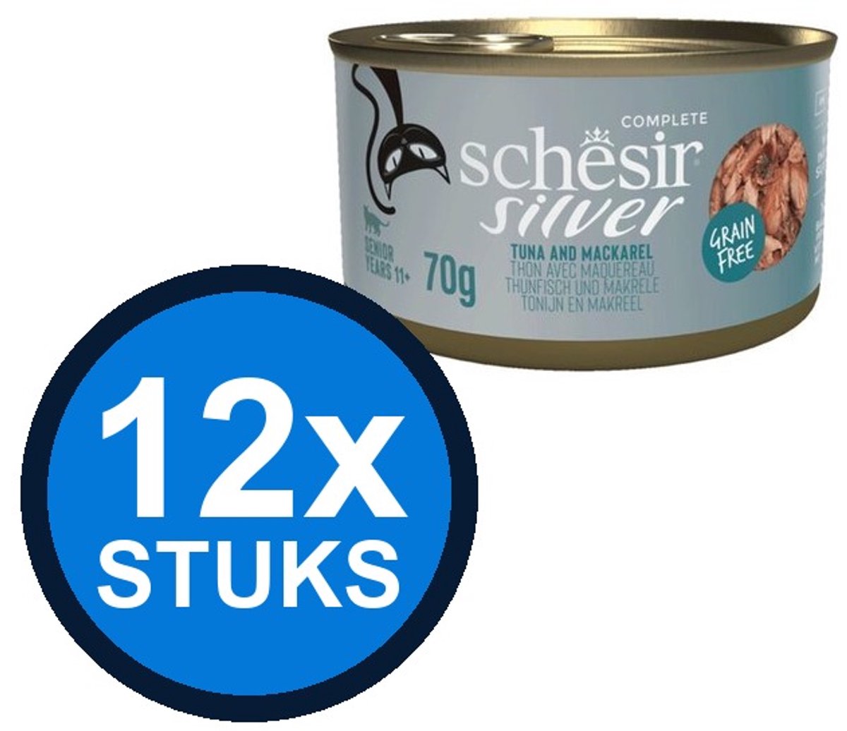 12x Schesir Silver Senior Bouillon - Tonijn & Makreel - Kattenvoer Natvoer - 70g