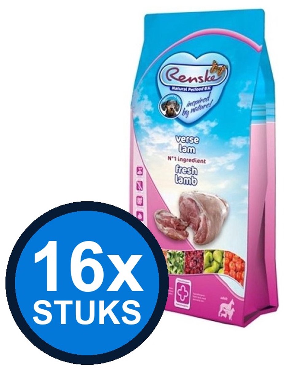 16x Renske - Super Premium droog hond adult lam graanvrij 600gr - Hondenvoer - 600 g