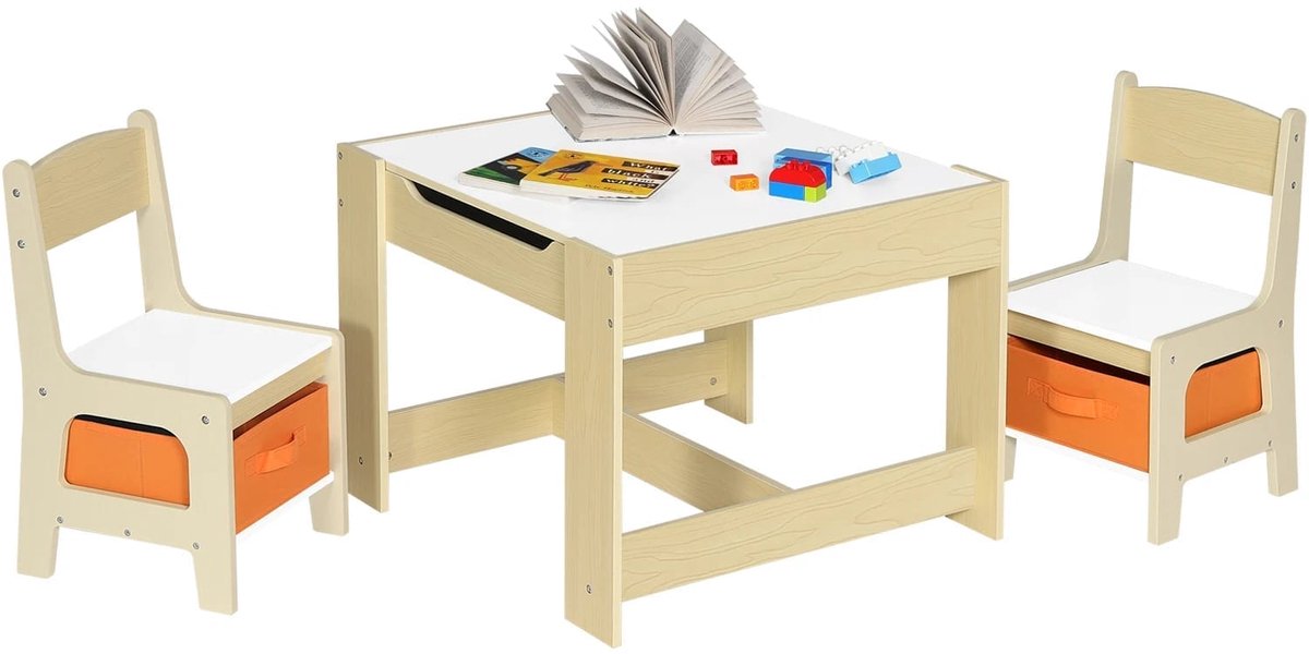 Klarven® Kindertafel Hout met Stoeltjes - Kindertafel en Stoeltjes - Kindertafeltje met Stoeltjes - Kindertafel met 2 Stoeltjes - Wit - Stevig MDF, Ergonomisch Design - 2 Opbergvakken - B60xd60xh48cm