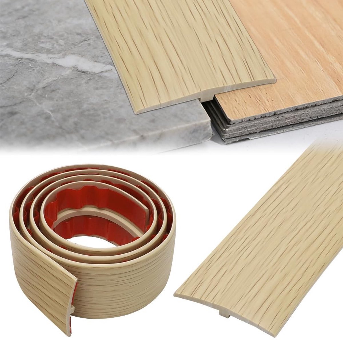 Zelfklevend Overgangsprofiel voor Vloeren, T-profiel voor Drempels en Verbindingen van Laminaatvloeren, Hoogtecompensatie voor Vloerverbindingen (Maple, 3M * 2)