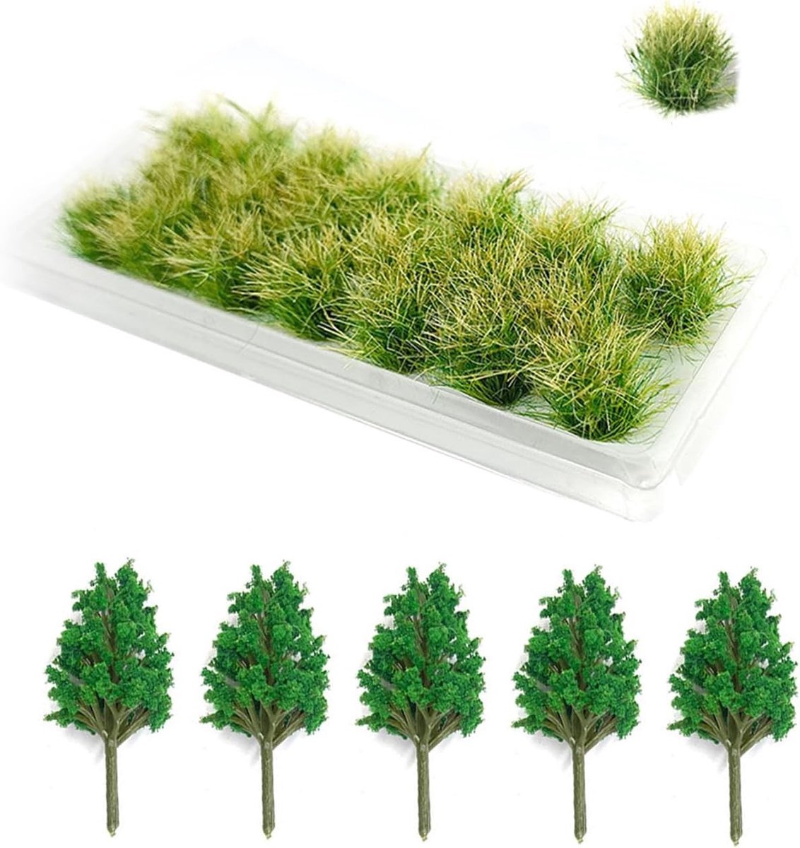 Doos met 5 Stuks Minibomen en Kunstgras voor Zandtafellandschapsarchitectuur en Spoorwegtaferelen, Ideaal voor DIY Projecten en Modelbouw Accessoires