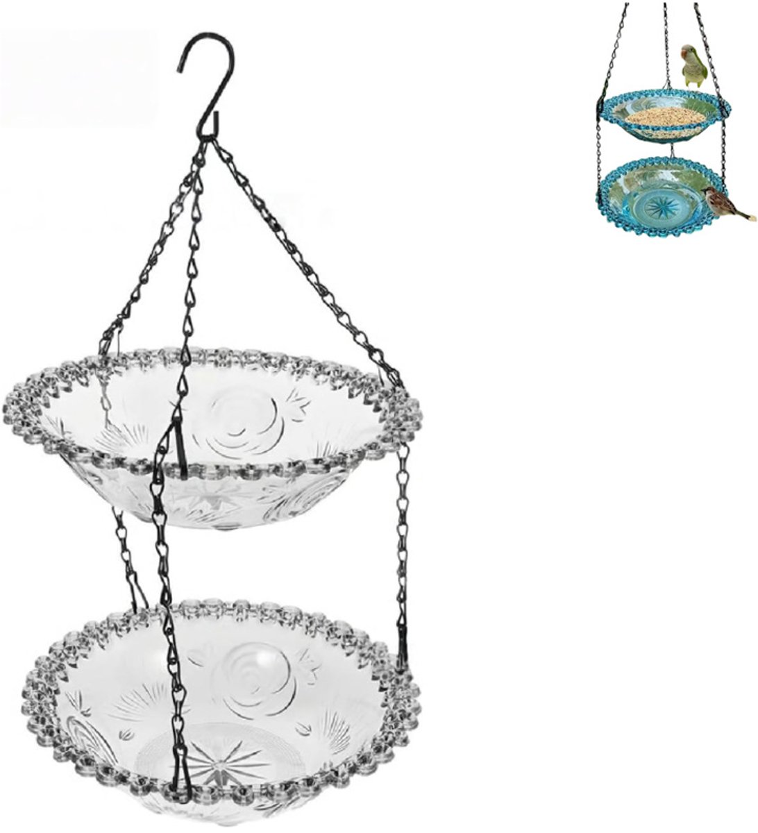Vogelbad- Vogeldrinkschaal voor Tuinvogels- Hangend Vogelbadje-vogelbadje buiten-Voederbak voor Vgels- Vogelbadbak- Vogeldrinkba - Tuindecoratie voor Vogels - Inclusief Ophangketting -voor Vogels om te Drinken en te Baden-hangend-Grijs-Dubbele laag