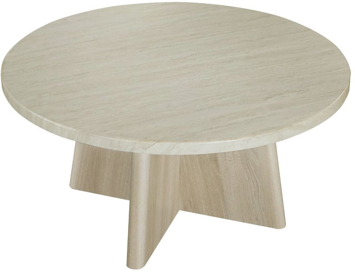 CALICOSY - Ronde salontafel met blad in travertijndecor en poten in eikenhoutlook D80 cm - AGATE