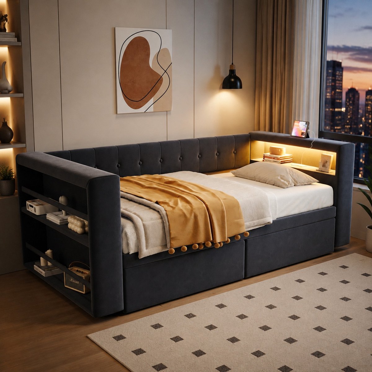 COVREO Slaapbank met LED en stopcontact – 90x190 cm – Bed met opbergruimte – voor slaapkamer en woonkamer – Donkergrijs - zonder matras