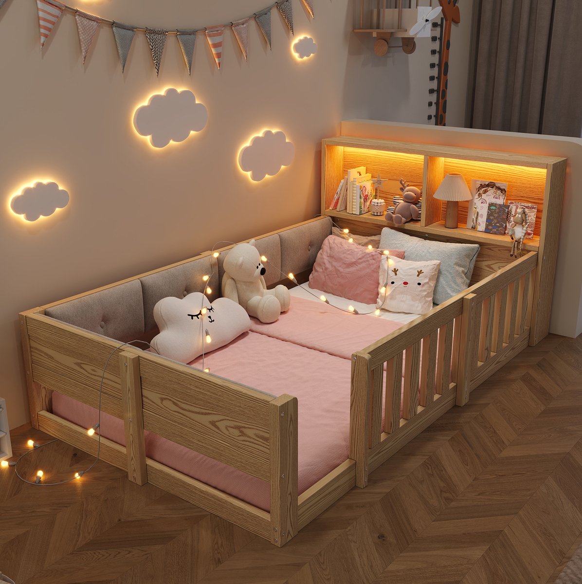 Wishdor Kinderbed 90 x 200 cm - Met veiligheidsgitter en ledverlichting - Met gestoffeerde zijden en opbergruimte - Minimalistisch ontwerp - Kinderkamer slaapkamer - Bewerkt hout en stof - Naturel