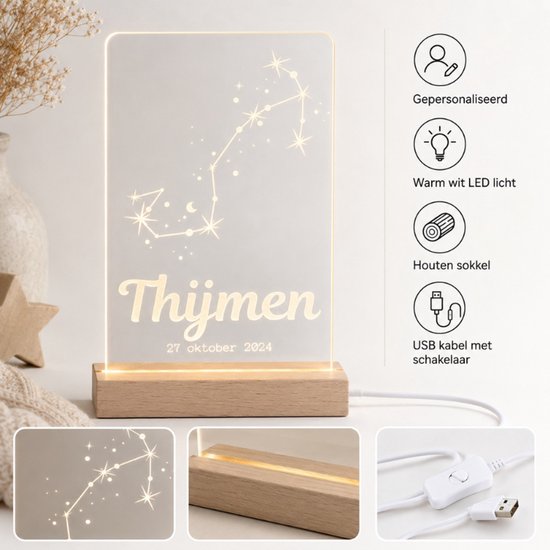 Gepersonaliseerd Sterrenbeeld Schorpioen Lampje met Naam en Datum - LED Nachtlampje Babykamer - Kraamcadeau Baby - geboortecadeau van Laserloom — afbeelding 2