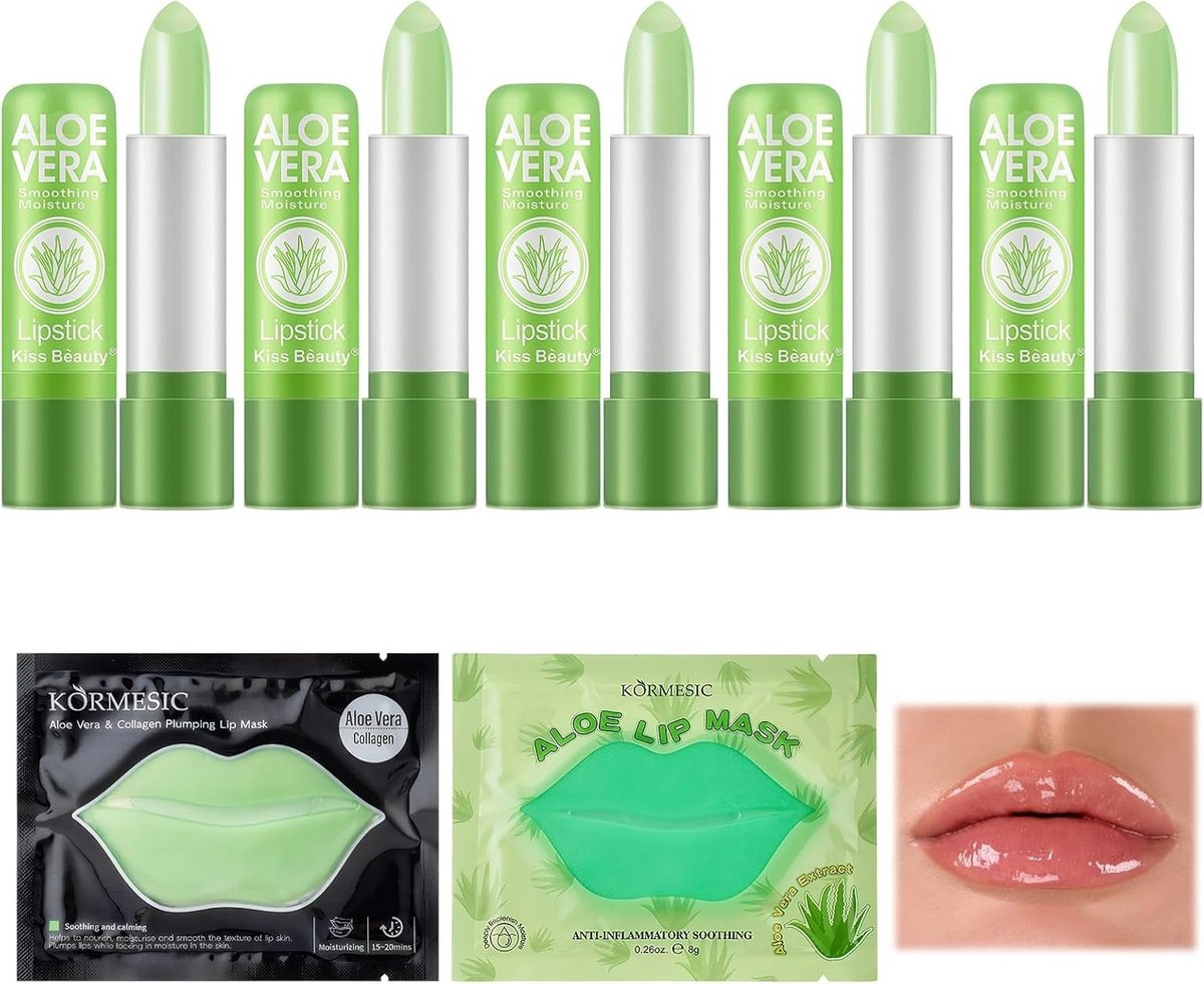 Set van 5 Kleurrijke Lippenbalsem met Aloë Vera, Temperatuurafhankelijk Kleurverandering, Hydraterend en Verzorgend met 2 Lippenmaskers