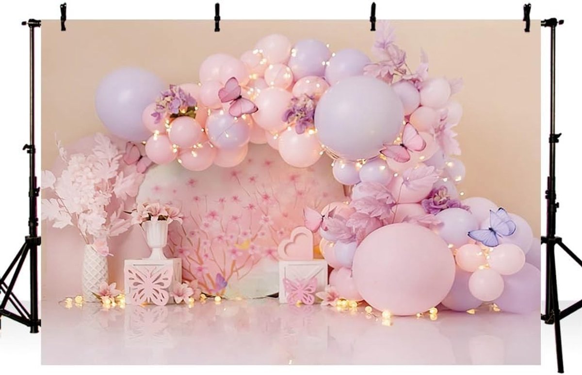 7x5ft Meisjes Verjaardag Fotobehang met Roze Ballonnen, Bloemen en Vlinders voor Baby Shower en Cake Smash Decoratie