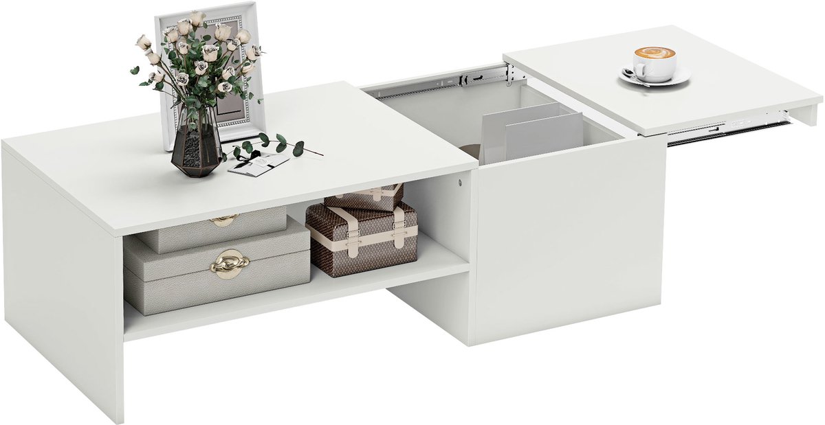 Homcom Salontafel uitschuifbaar met opbergruimte - Koffietafel - Bijzettafel - Woonkamertafel - Wit