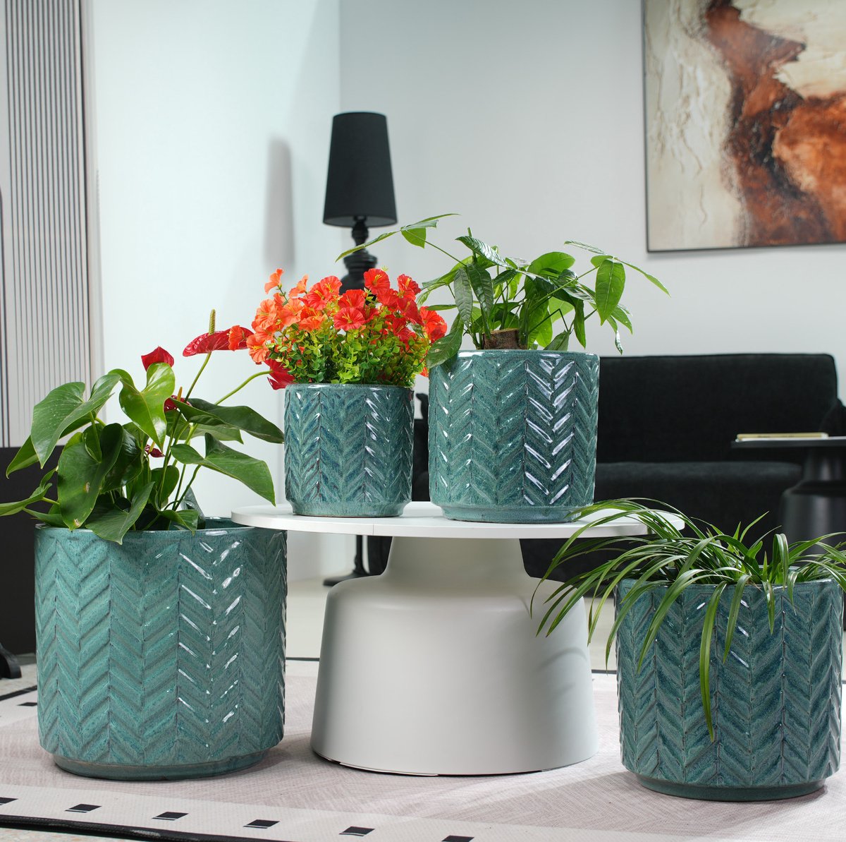 Bloempot Glanzend Rond 24,5 Cm Dikwandig Keramiek Aqua Blauw Voor Vetplanten En Vensterbanken Met Visgraat Reliëf