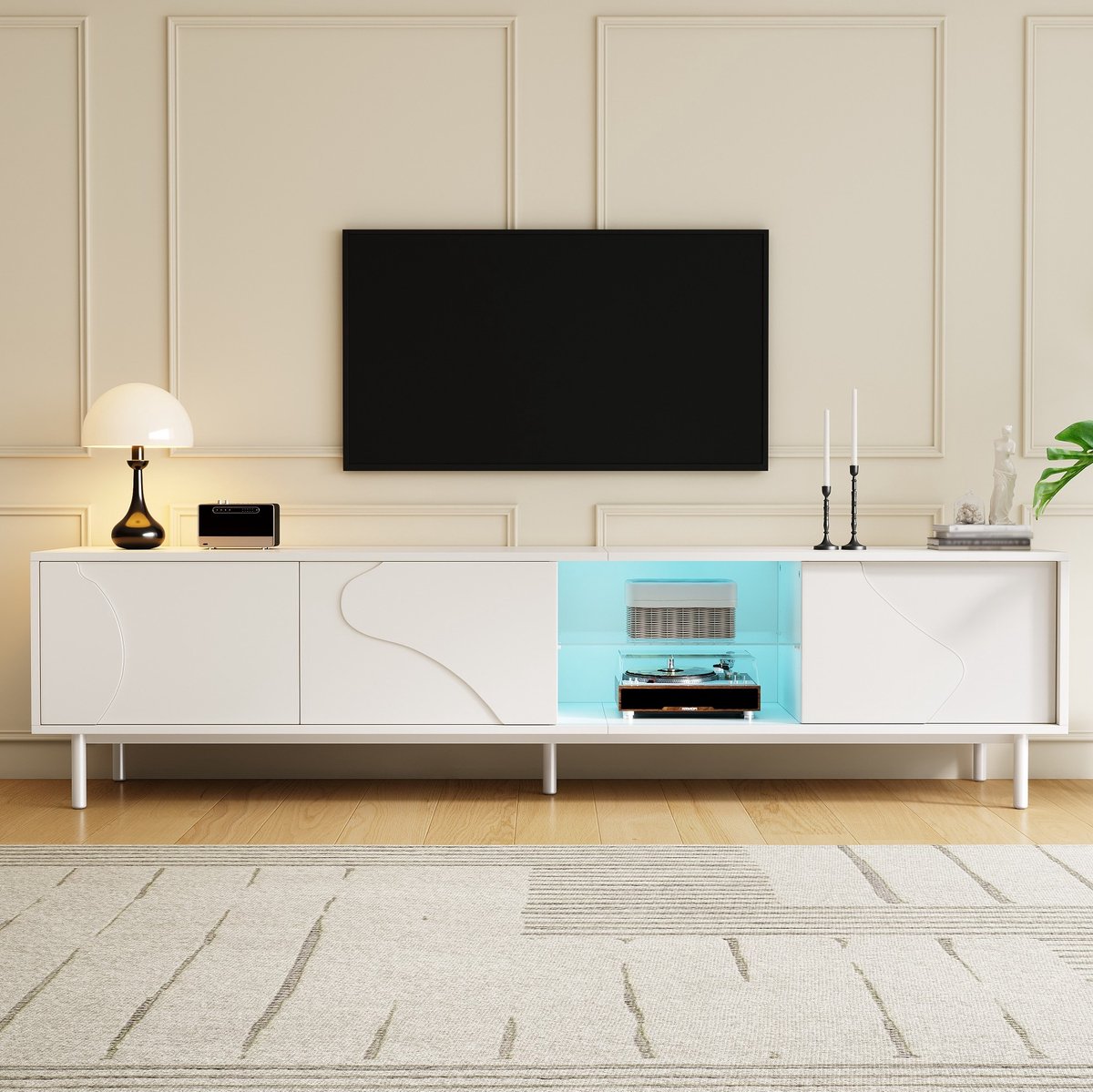 MODENUIT TV Meubel - Schuifdeuren Met LED En Glaselement - Woonkamer - MDF, Glas En Metaal - Wit - 180 Cm