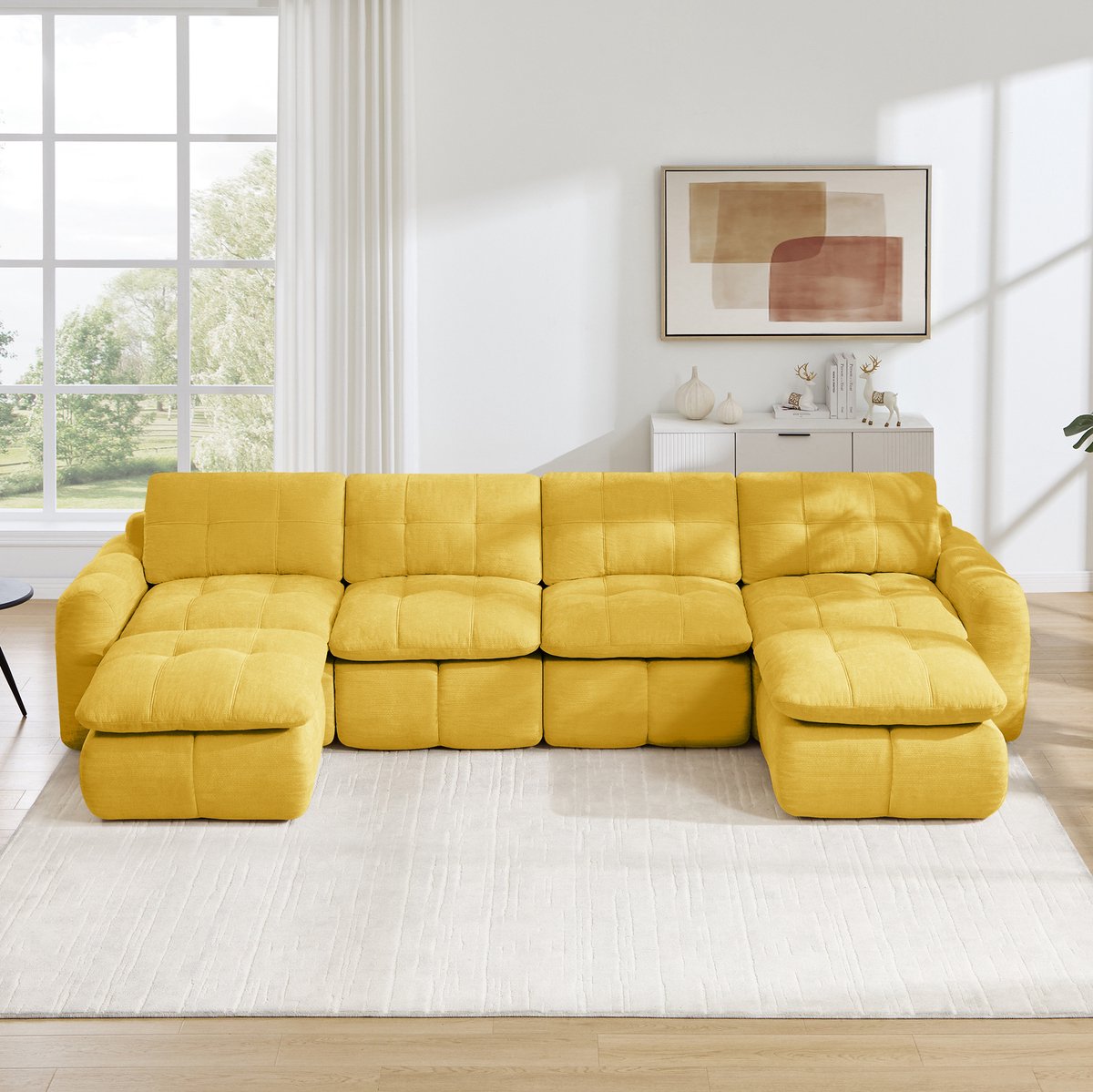 Wishdor U-bank - 4 zitplaatsen - Modulair en frameloos - Brede diepe zit met ottomanen - Voor woonkamer en appartement - Chenille stof - Geel - 334 x 160 x 68 cm