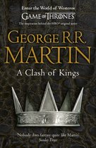 Boekomslag van "A Clash of Kings" door George R.R. Martin, met een kroon en Game of Thrones logo.
