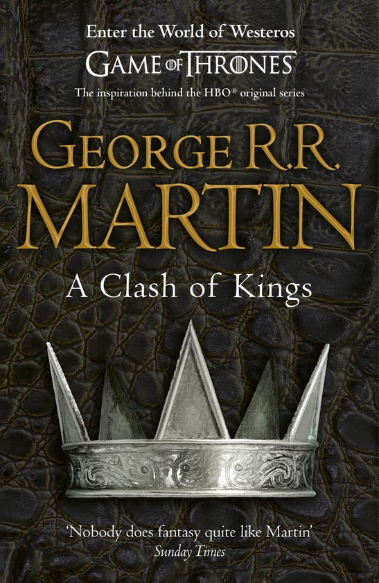 Boekomslag van "A Clash of Kings" door George R.R. Martin, met een kroon en Game of Thrones logo.