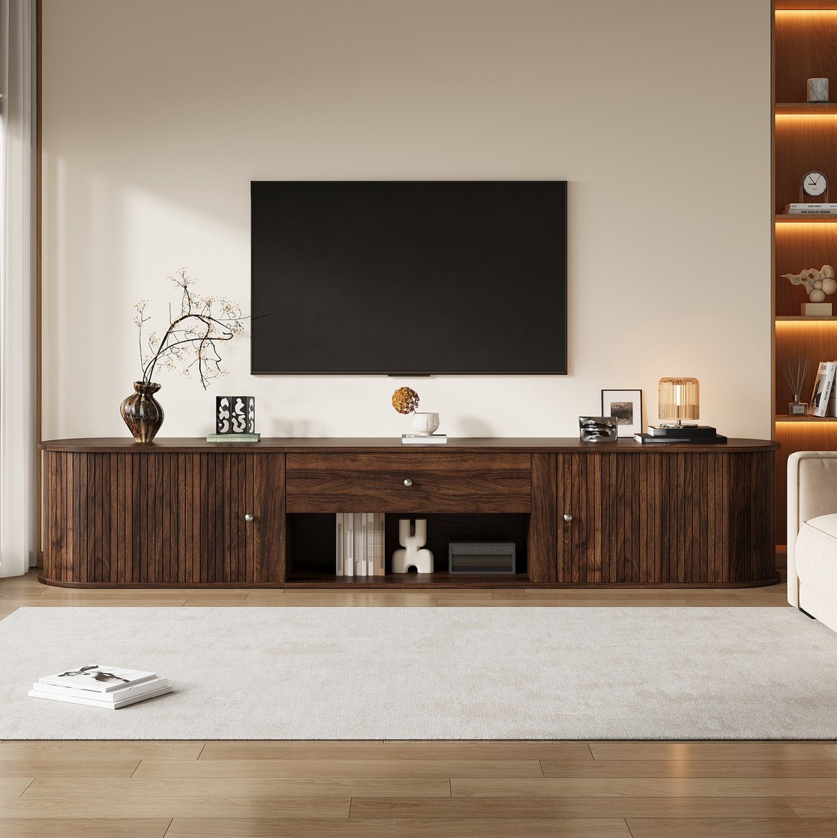 MODENUIT TV Meubel - Lowboard Met 2 Roldeuren, Lade En Open Vak - Voor Woonkamer - Walnoot - 180x40x40 Cm