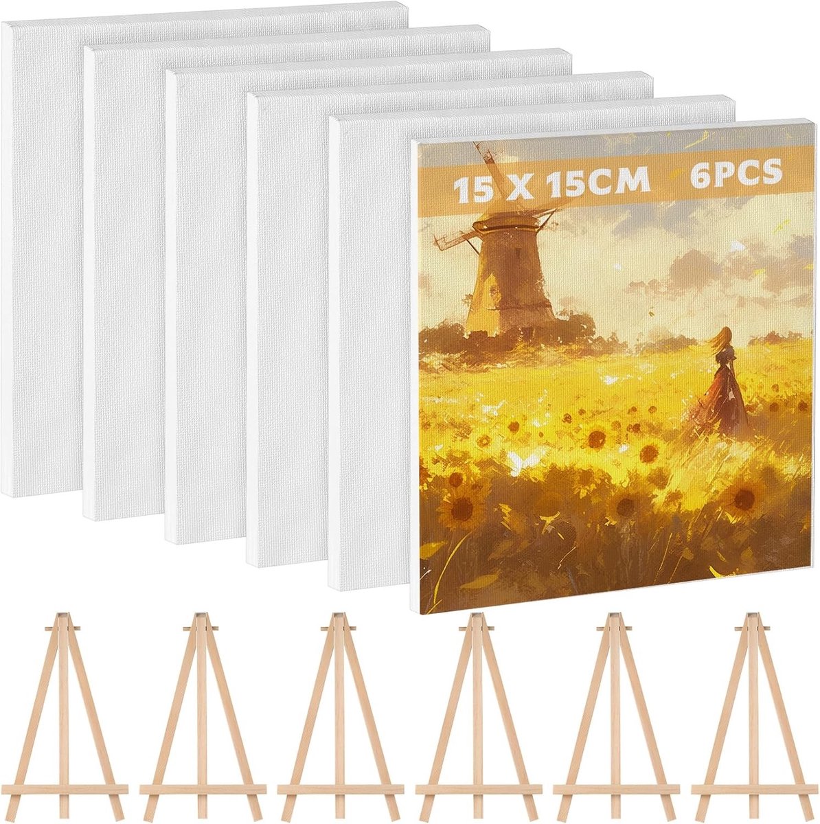 Set van 6 Kleine Schilderdoeken voor Acrylverf, 15 x 15 cm, Inclusief Mini Easel en Stretcher Frame voor Creatieve Projecten