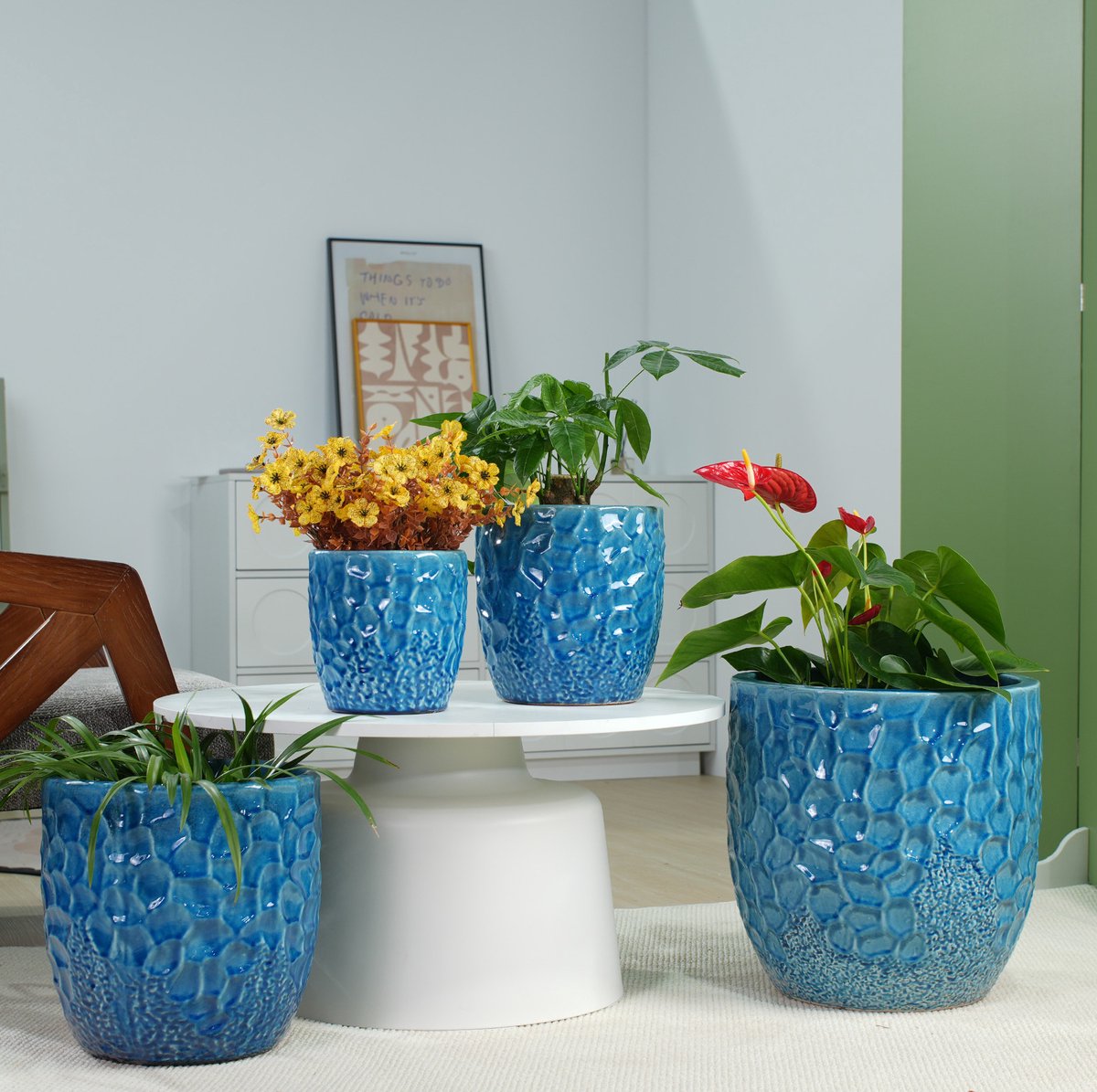 Keramische Bloempot Set 4-delig Met Glanzend Blauw Hamerslagreliëf 38 Cm Vorstbestendig Met Afwateringsgat Voor Binnen En Buiten