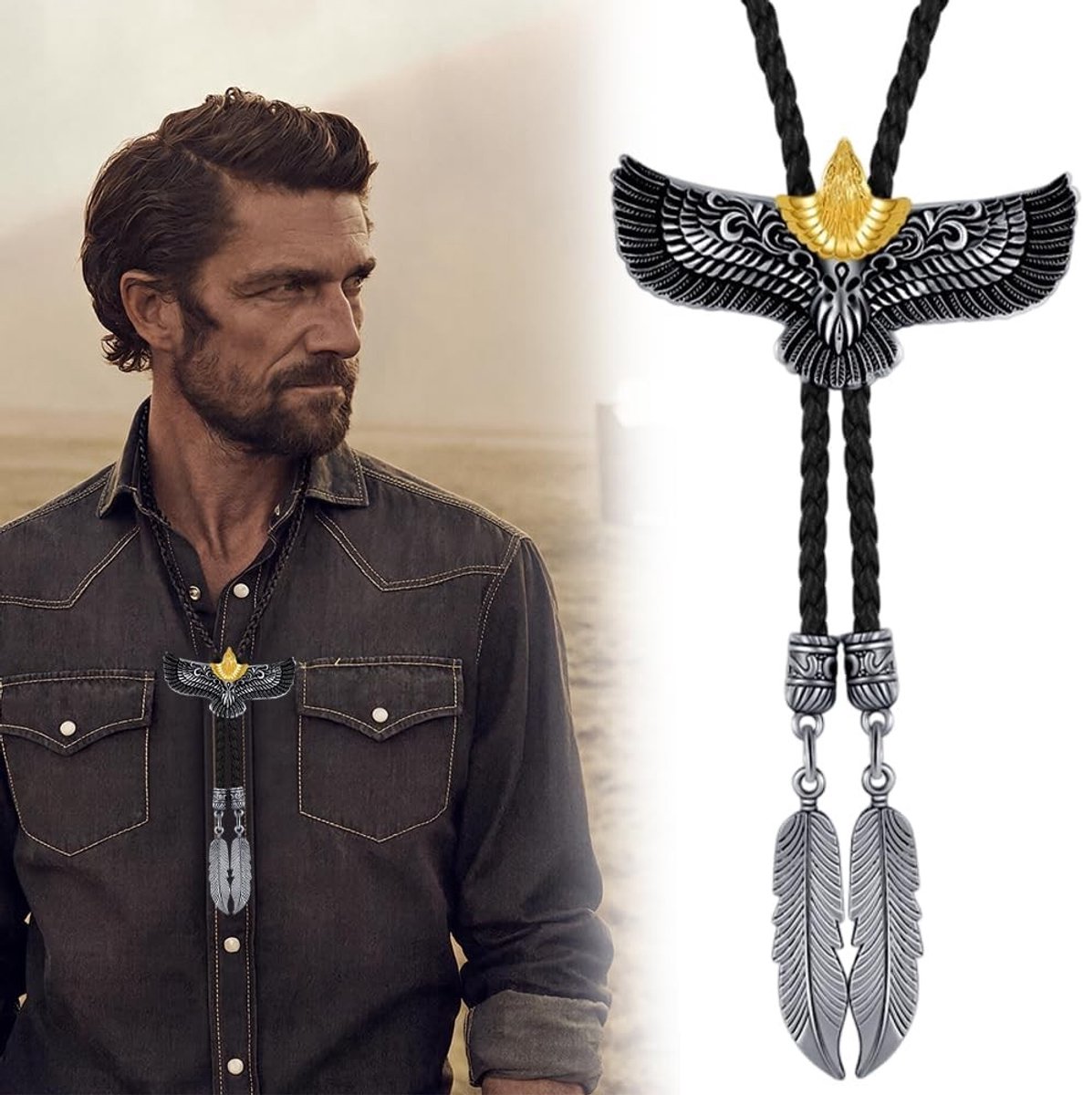 Stropdas met adelaar in western stijl, retro cowboy look, gevlochten PU-leer, verstelbaar accessoire voor mannen en vrouwen, 110 cm, zwart