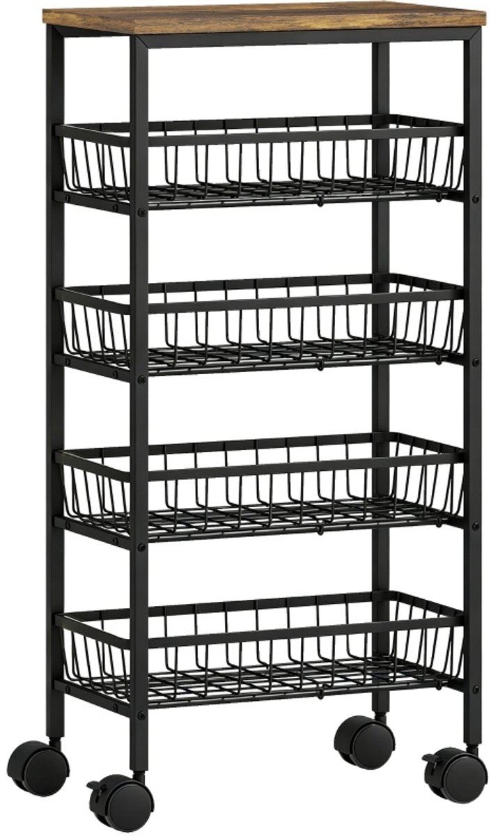 REDOM - Keukenkast - Rollend ontwerp met 4 etages en uitneembare manden - Met 4 zwenkwielen en 2 remmen - Rustieke stijl - Keuken, woonkamer of slaapkamerhoek - Melamine spaanplaat en metaal - Bruin - 40 x 24 x 81,5 cm