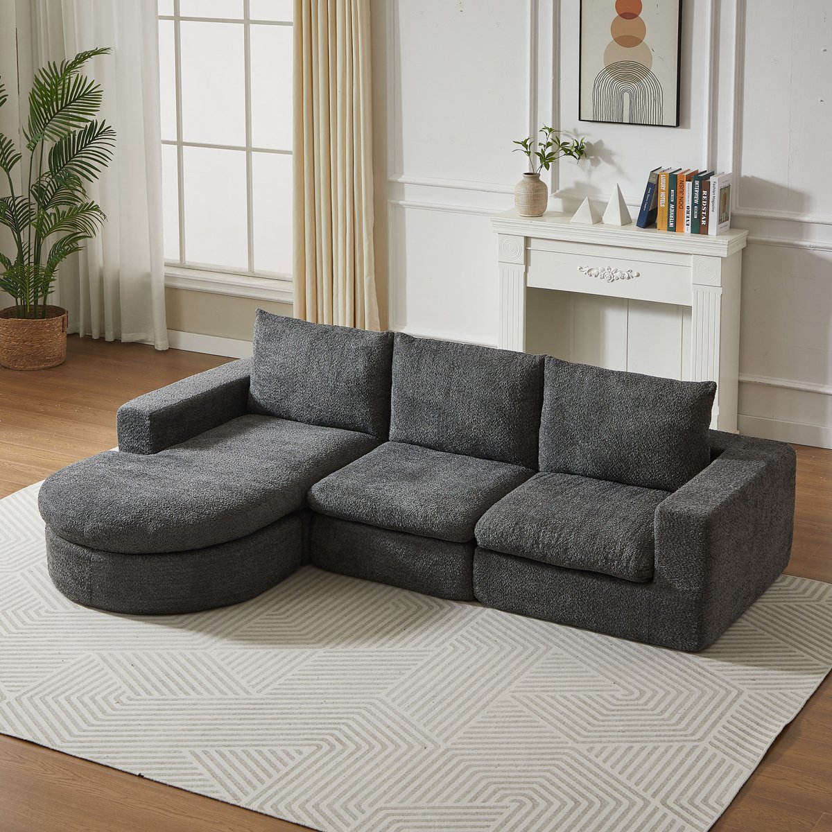 REDOM - Hoekbank - Modulaire 3-zits opstelling - Omkeerbare chaise longue - Geen montage nodig - Woonkamer - Chenille - Grijs - 250 x 160 x 80 cm