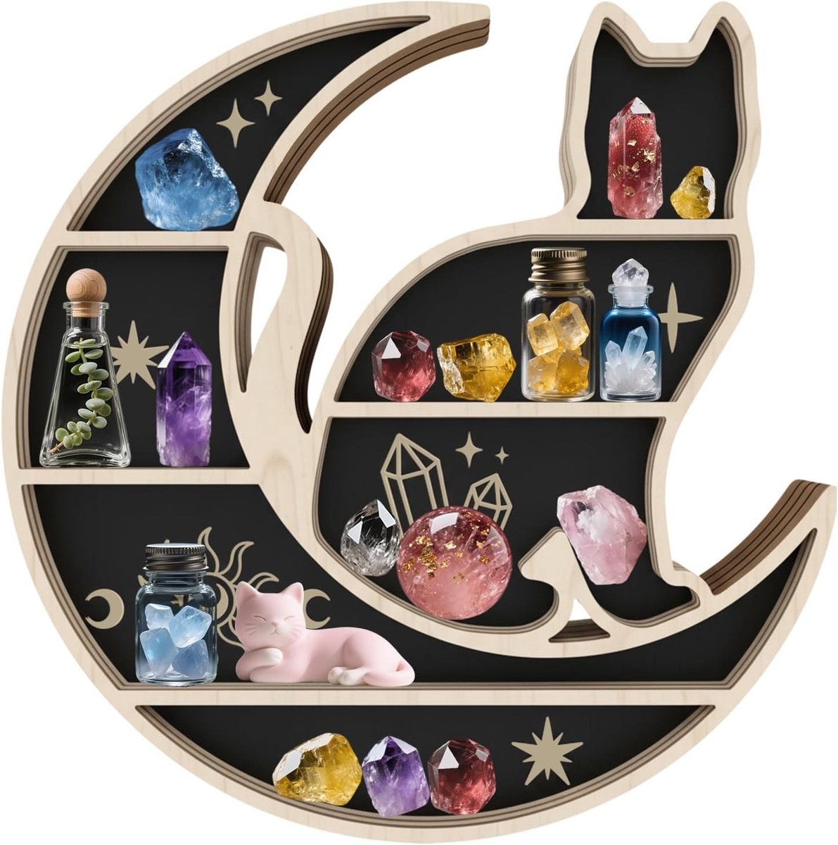 Maans- en Katvormige Kristal Display Plank 28×30×3cm Houten Wanddecoratie voor Kristallen, Edelstenen en Sieraden in Bohemian, Wicca en Moderne Interieurs