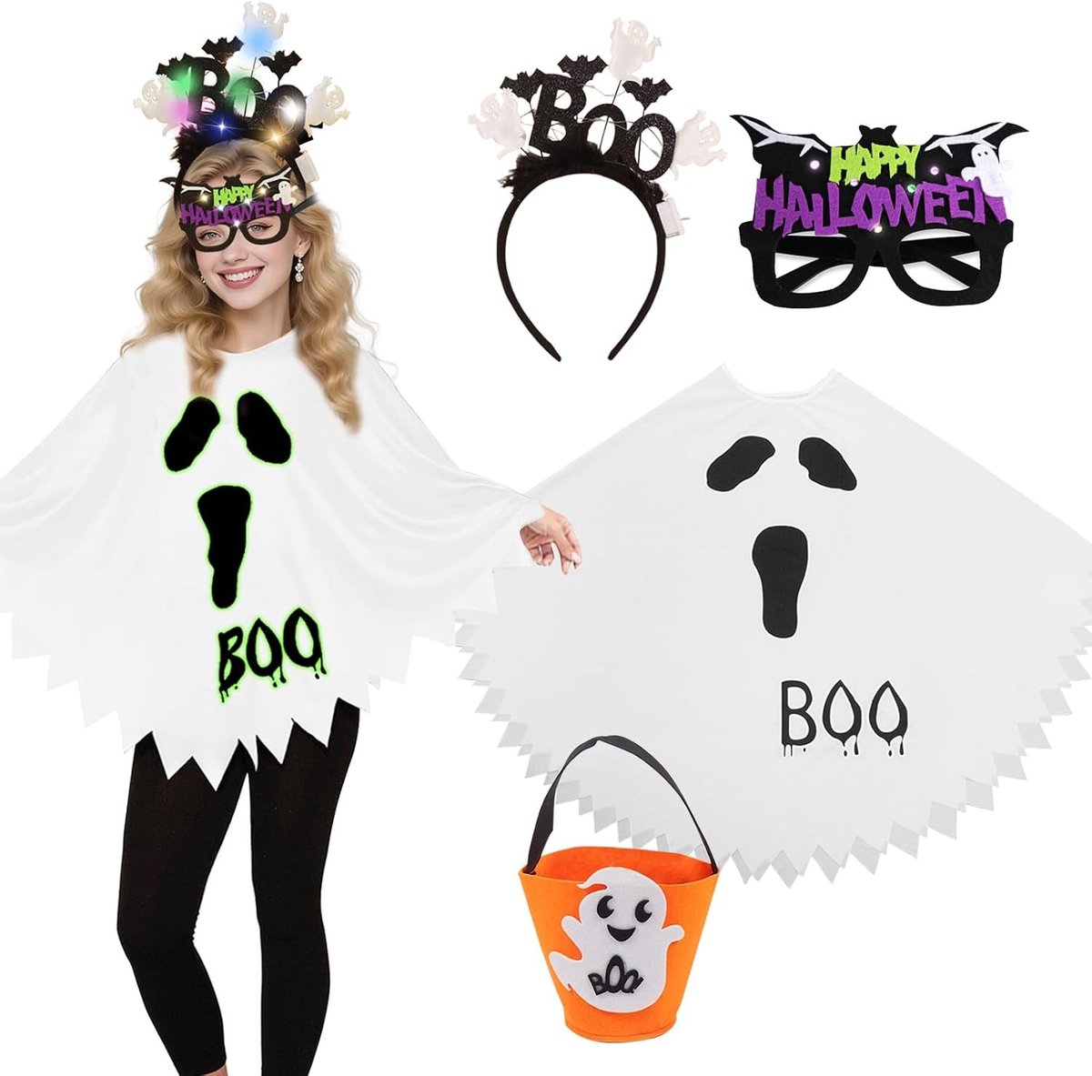 Halloween Kostuum 4-delig Luminous Ghost Cape en Hoed voor Feestjes, Rolspel en Carnavalsactiviteiten