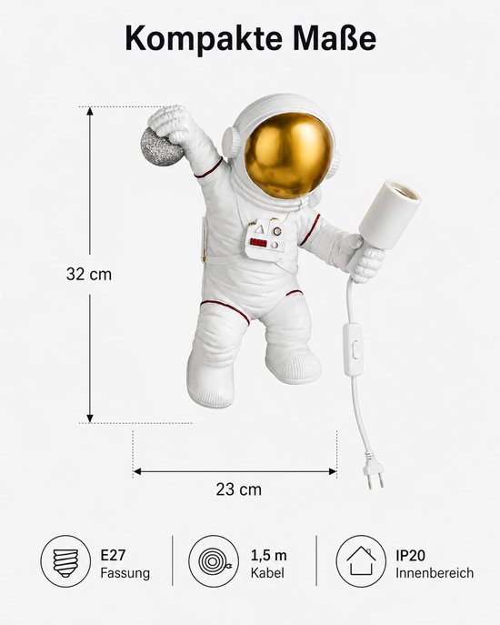 Kinder Wandlamp - Nachtlampje Astronaut - Kinderslaapkamer Verlichten - Met Stekker en Snoer - 32 cm Hoog - Wit — afbeelding 5