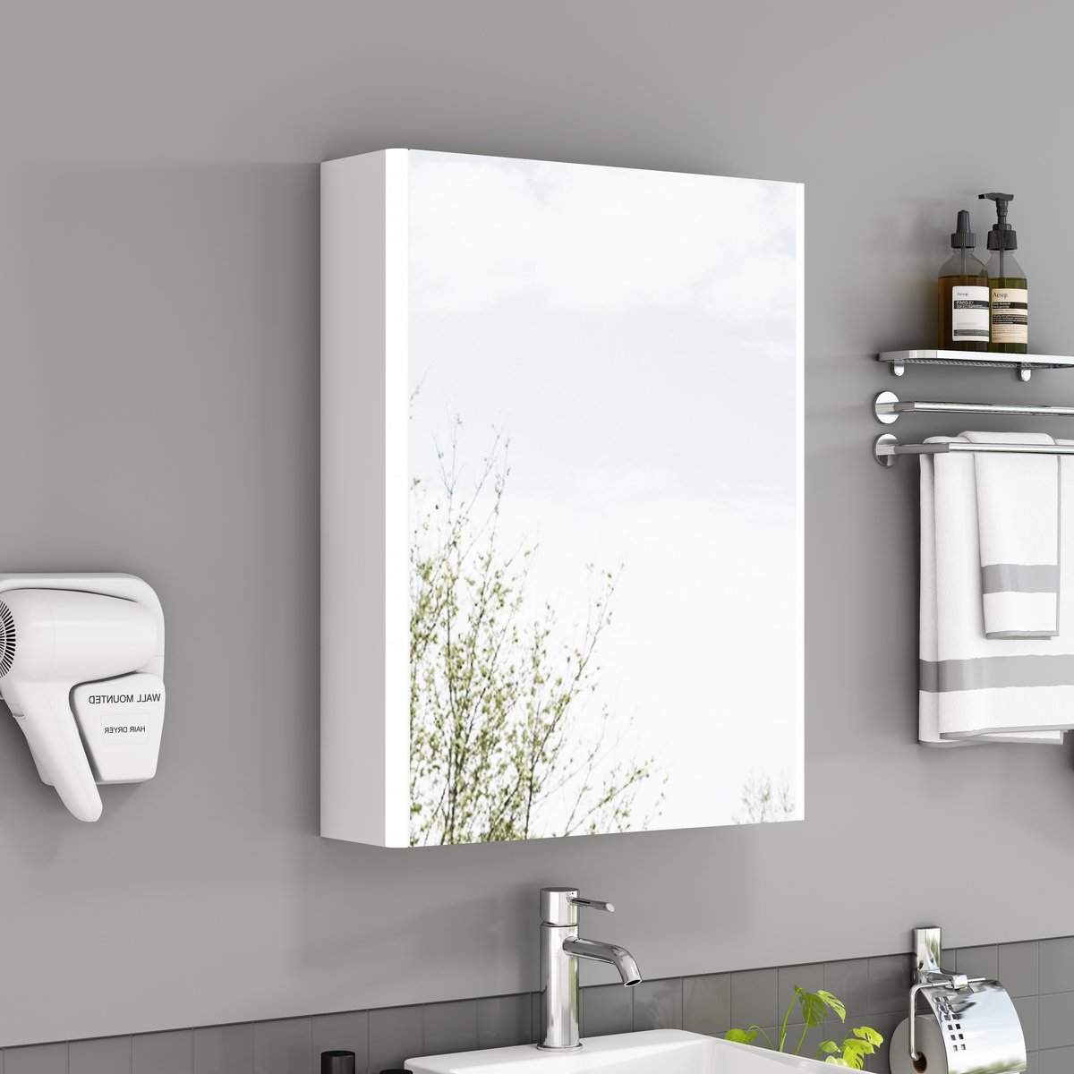 REDOM - Vormontierde Spiegelbadkasten 50 cm Wandmontage - 1-Deurs Badspiegelschrank in Wit, met Franse Stekker en Facetvormige LED-Verlichting
