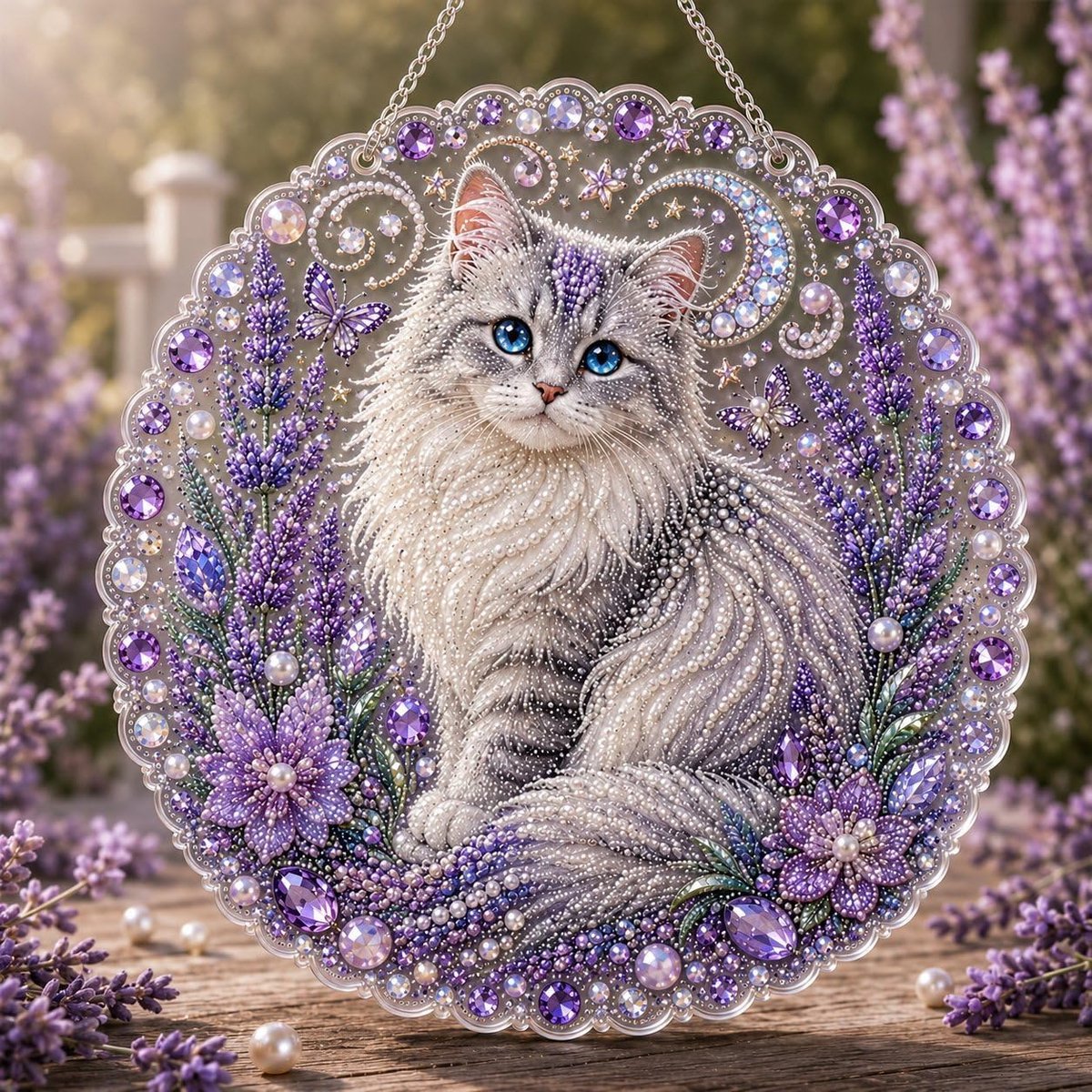 Casalora® Diamond Painting Kathanger – 5D Acryl Kattenkunst – Fluffy Kat – Enkelzijdige DIY Set met Parels en Speciale Vorm Diamantjes – Katten Raamdecoratie – 25 × 25 cm