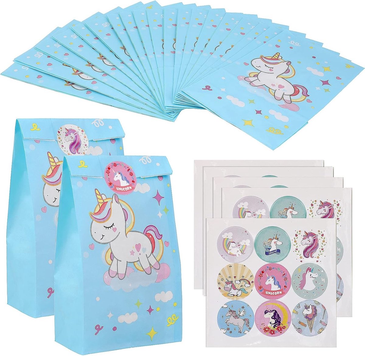 Set van 20 Papieren Eenhoorn Cadeautasjes met 45 Stickers - Feesttasjes voor Kinderen, Verjaardagsfeest en Snoepgoed