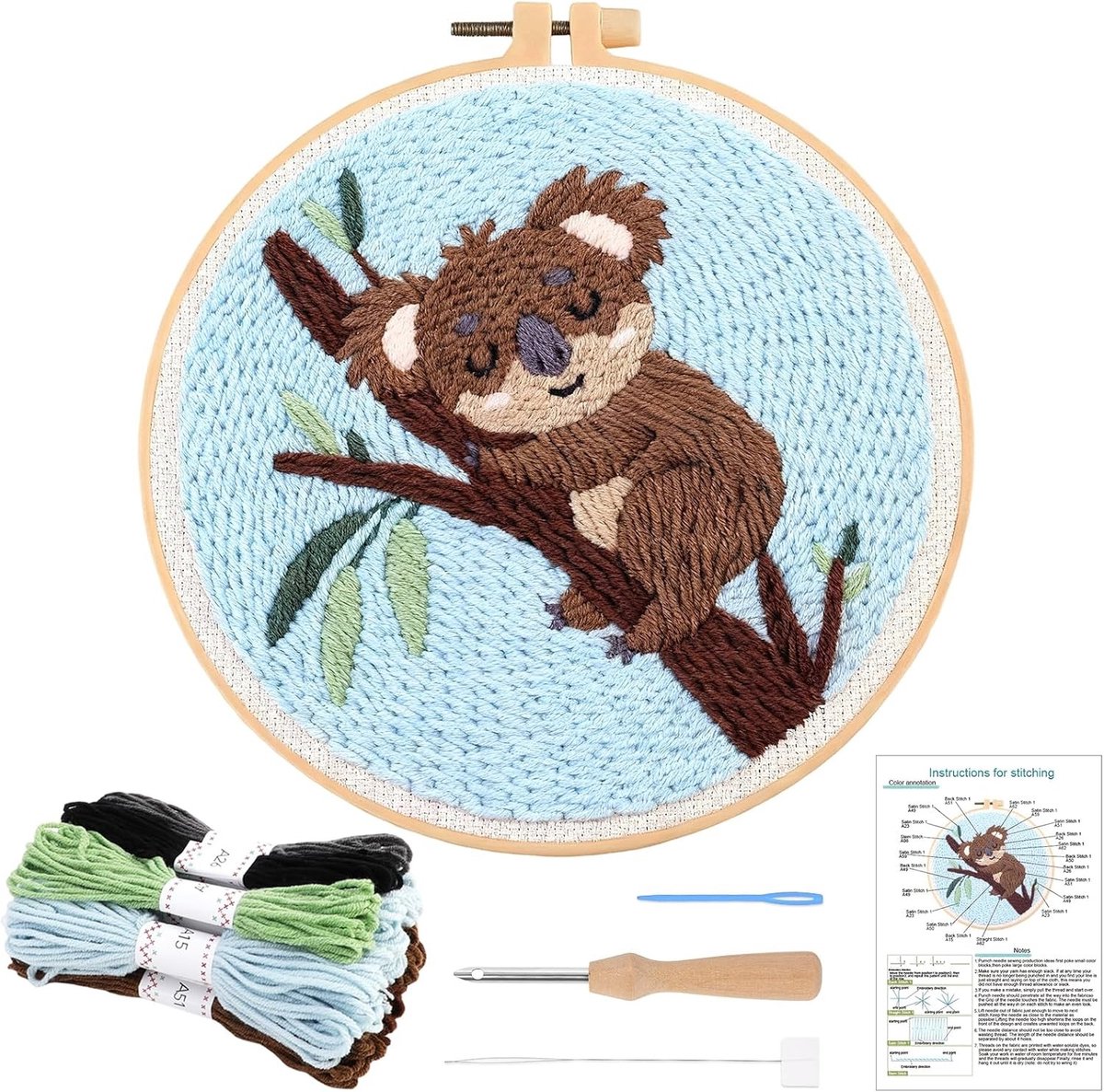 Punch Needle Kit voor Beginners - Koala DIY Borduurset met Hoepels en Instructies voor Handwerken, Tapijt en Haakwerk