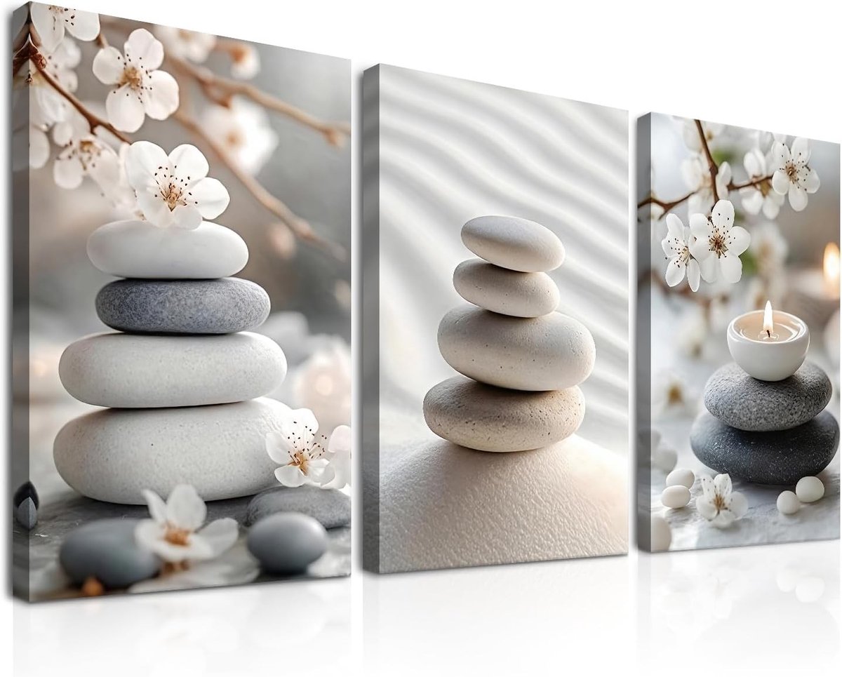 Framed Japanse Zen Wanddecoratie met Balancerende Stenen en Kersenbloesemafbeeldingen voor Yoga, Spa en Woonkamer 30x40cm
