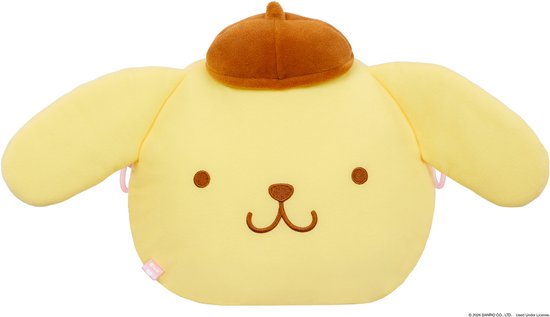 Gele Pompompurin pluche schoudertas met bruine baret, zonder hengsel.
