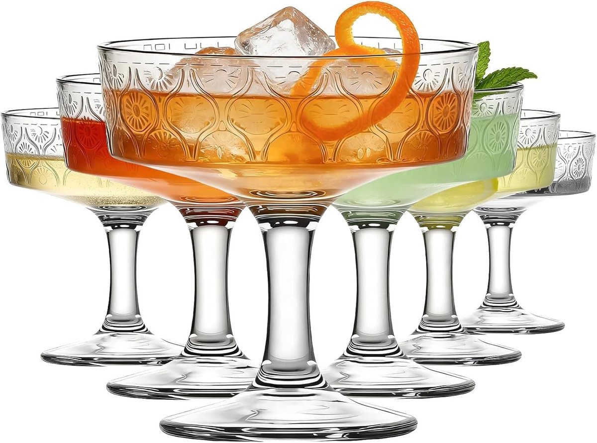 Set van 6 Decoratieve Dessertglazen van 200-300 ml voor Cocktails, Martini en Margarita - Hoogwaardige Glazen met Bloemmotief en Lange Steel
