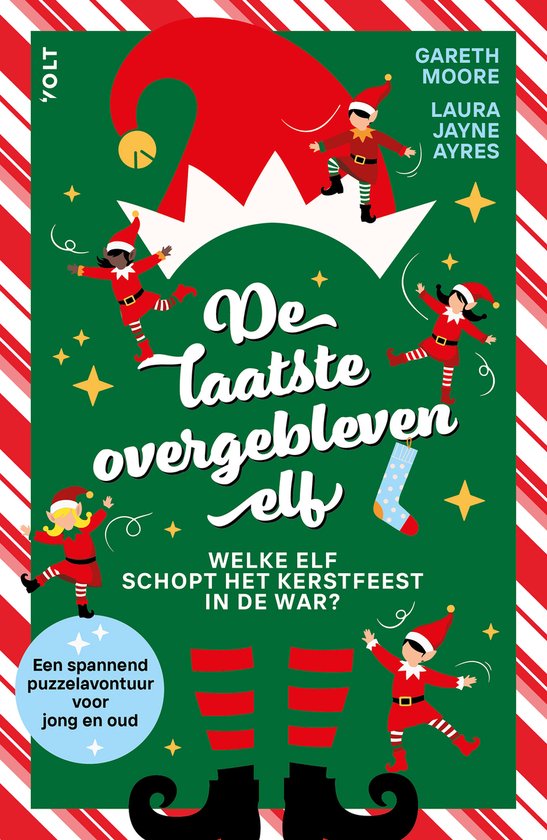 Boekomslag met de titel 'De laatste overgebleven elf', zes kerstelfen en kerststerren op een groene achtergrond met witte en rode strepen.