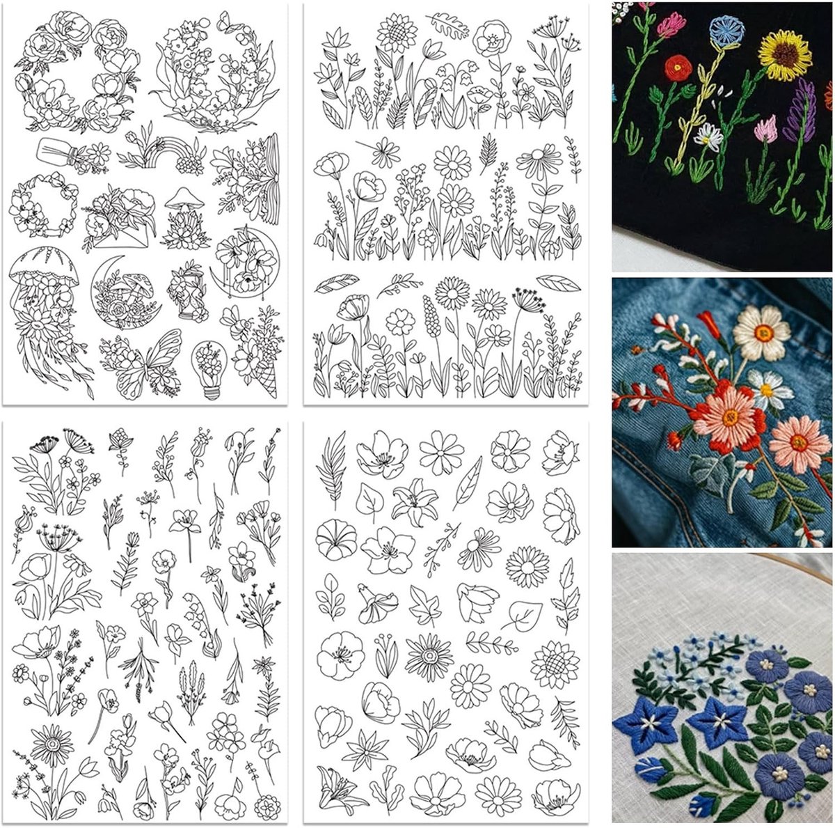 4 Vel Wateroplosbare Borduurstabilisatoren met Voorafgedrukte Bloemen, Struiken en Bladeren - Stick & Stitch Borduurpapier voor Handmatig Naaiwerk en Creatieve Projecten