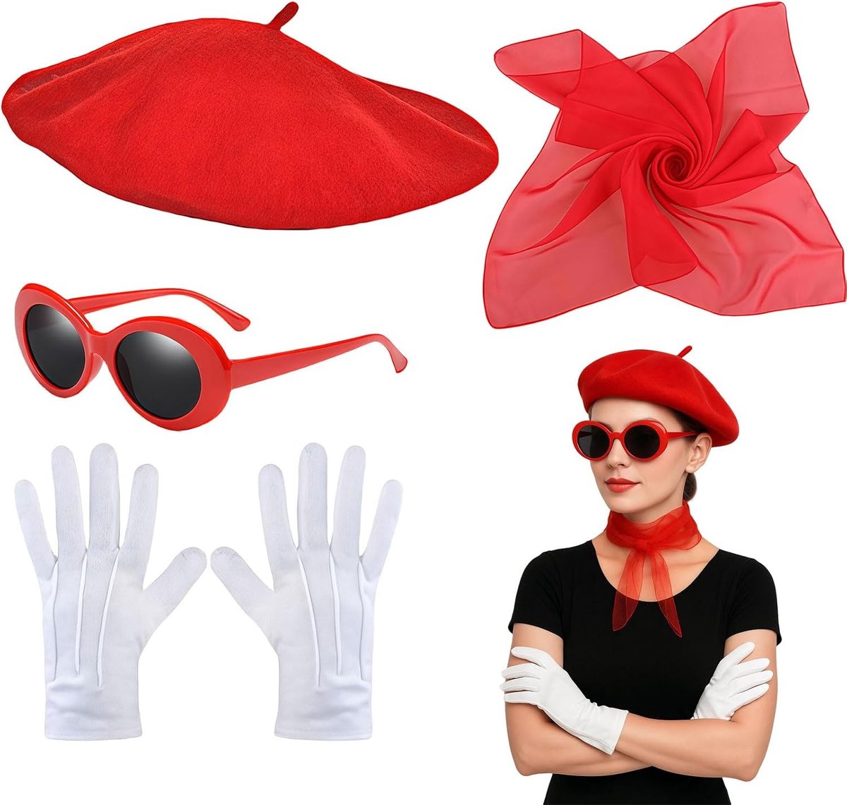 4-delige Franse vrouwen set met rode baret, sjaal, zonnebril en handschoenen voor kostuums, cosplay en feestaccessoires