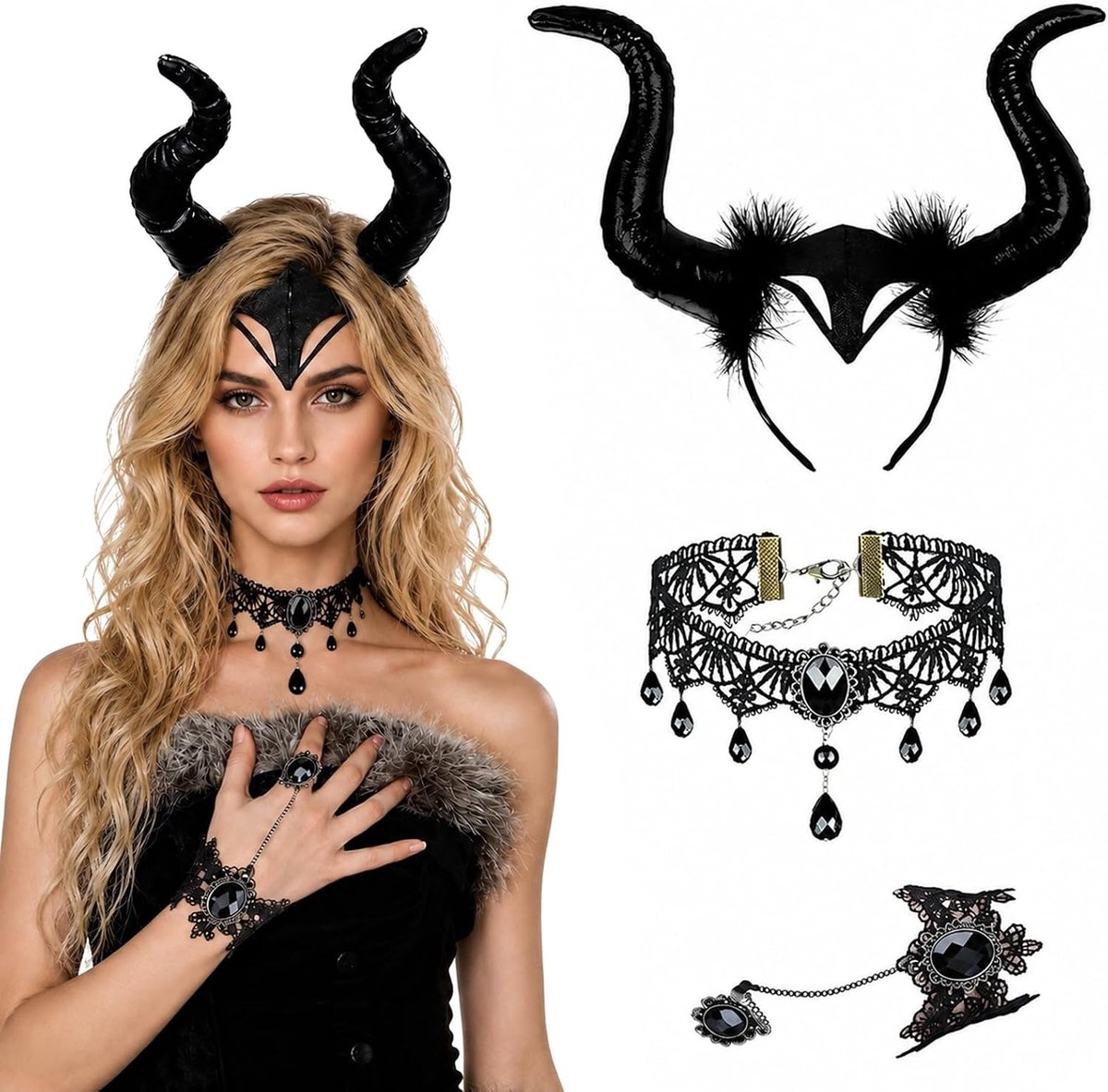 Dark Fairy kostuum hoofdtooi met hoorns, gothic kant halsketting en armband voor Halloween, carnaval en cosplay feestjes