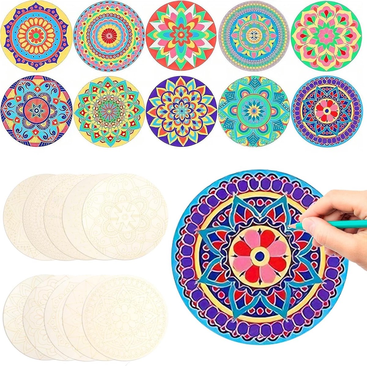 Mandala Schilderset van Onbehandeld Hout, 10 Stukken voor Creatieve DIY Projecten en Ontspanning, Perfect voor Volwassenen en Hobbyisten
