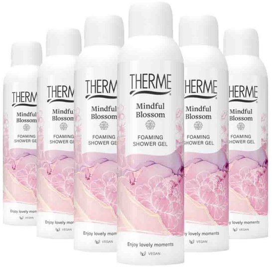 Zes flacons Therme Mindful Blossom schuimende douchegel met wit-roze bloemenpatroon en vegan label.