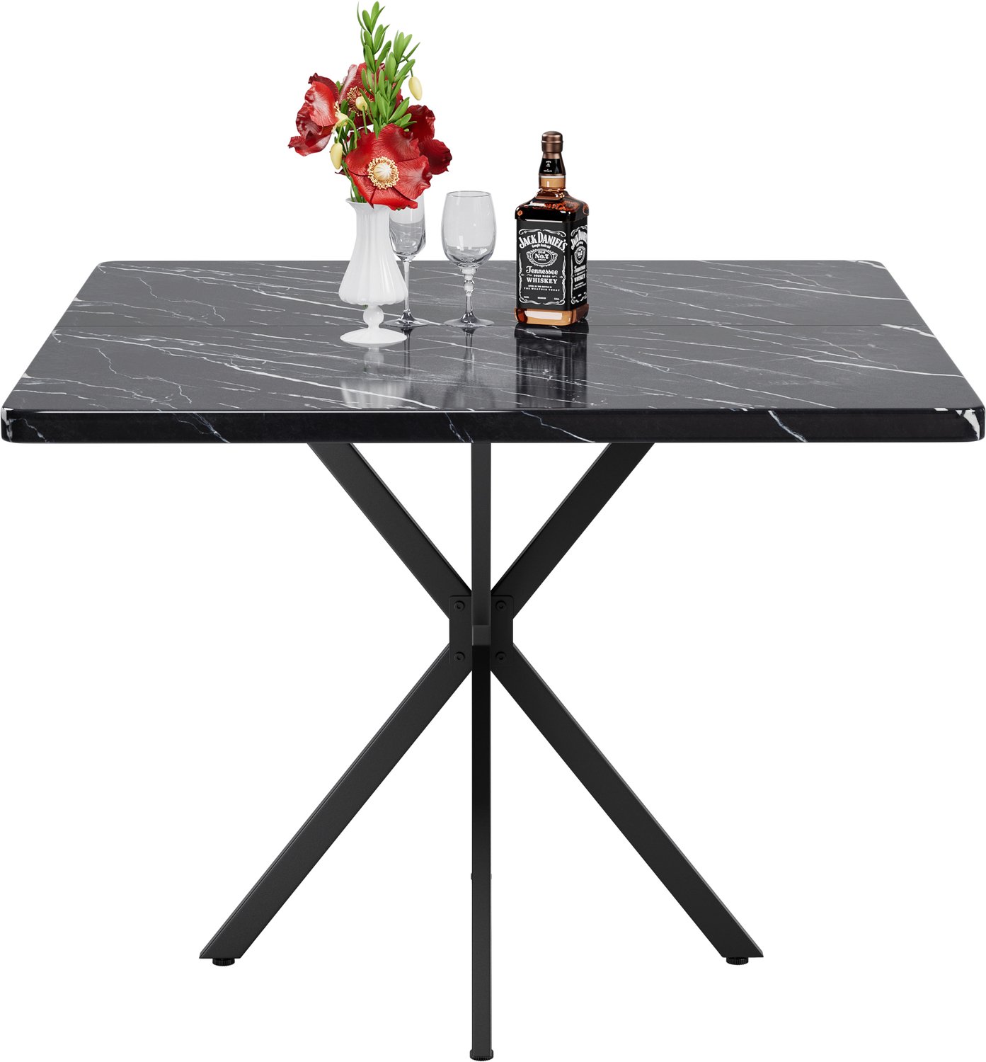 SONNENH Vierkante eettafel - 98 x 98 x 78 cm - Zwarte MDF marmerlook - Metalen X-onderstel Zwarte marmerlook met zwart onderstel