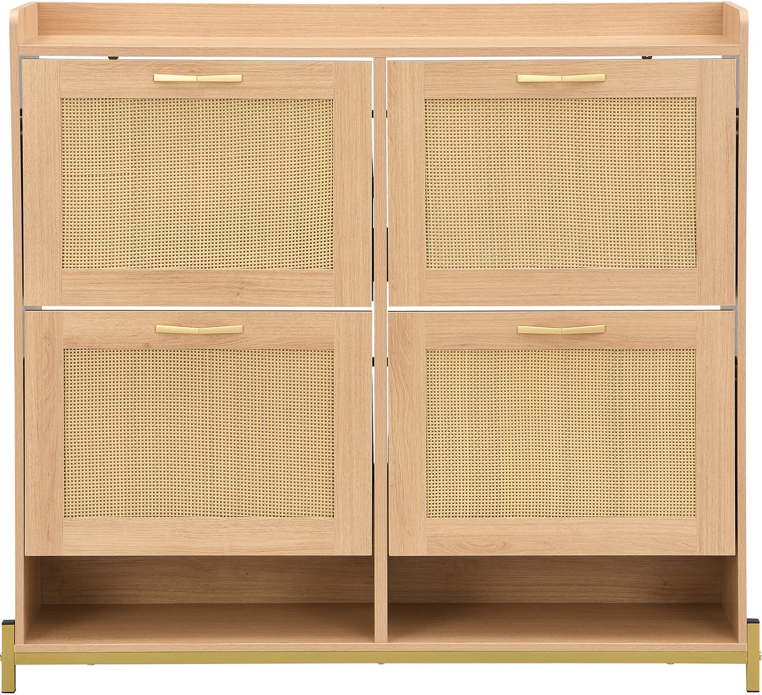 SONNENH Schoenenkast met 4 rotanlook kleppen, open ondervakken en metalen basis - Eikenlook - 108,5 x 24 x 100 cm
