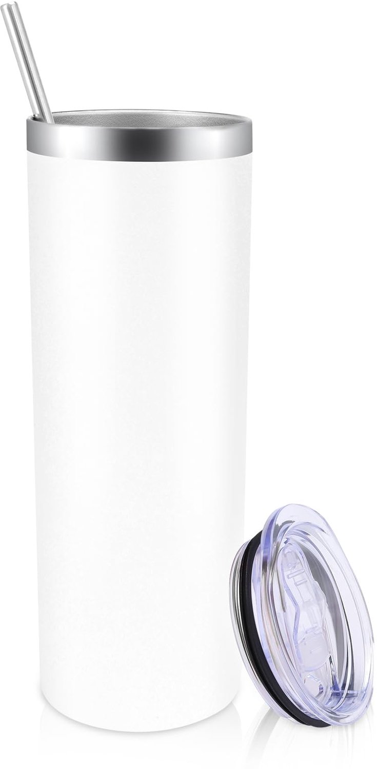 Thermobeker 600 ml - RVS Drinkbeker met Deksel en Rietje - Dubbelwandig Geïsoleerd - Voor Koffie, Thee, Thuis, Kantoor en Onderweg - Wit