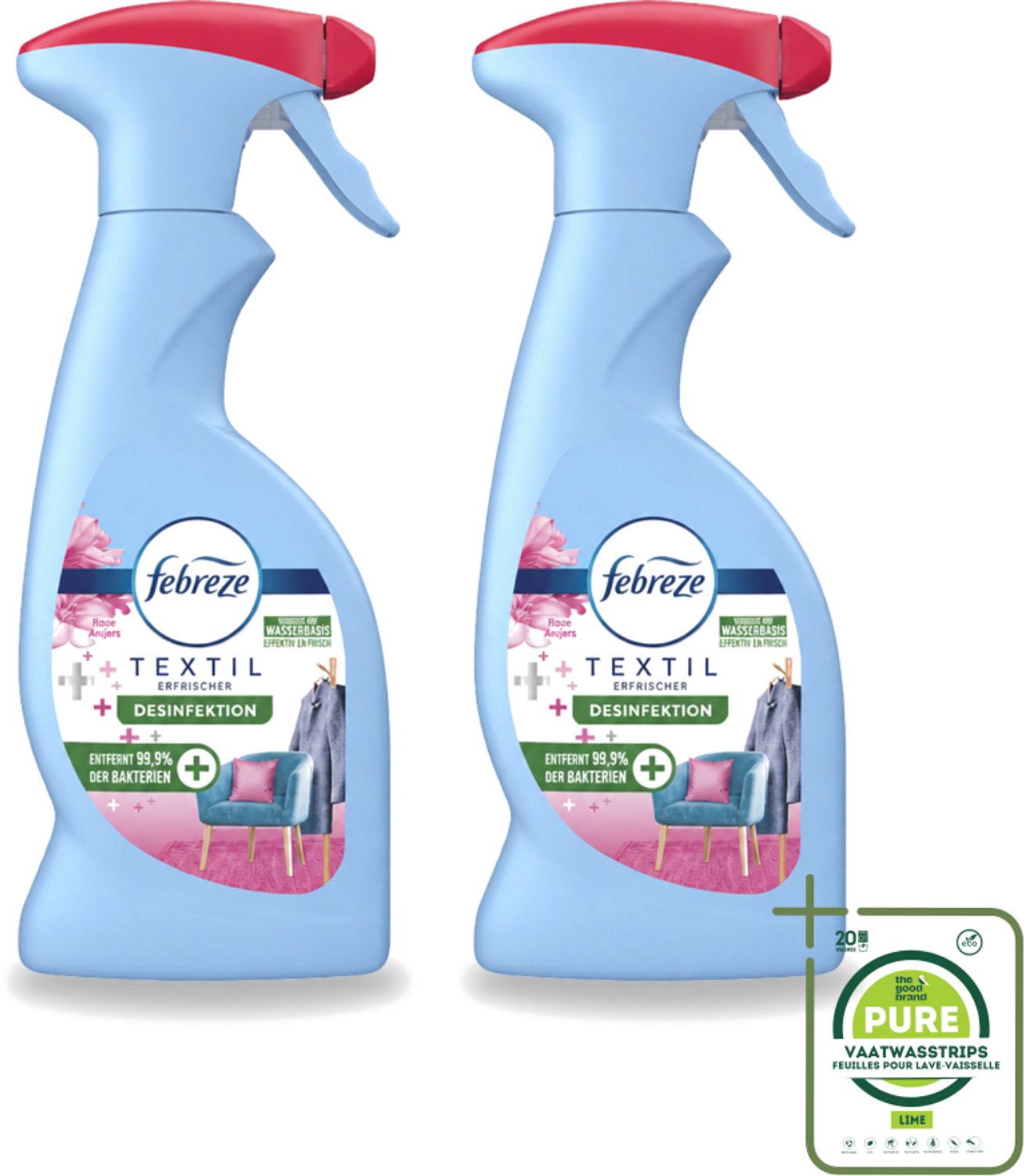 2 x Febreze – Textielspray – Roze Anjers – 375 ml - Grootverpakking - Vaatwasstrips - Textielgeur - Textielverzorging - Geurverwijdering - Textielspray - Roze Anjers