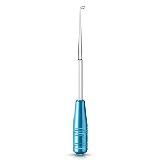 Dégorgeoir avec poignée en métal bleu et tige en acier inoxydable brillant terminée par un crochet.