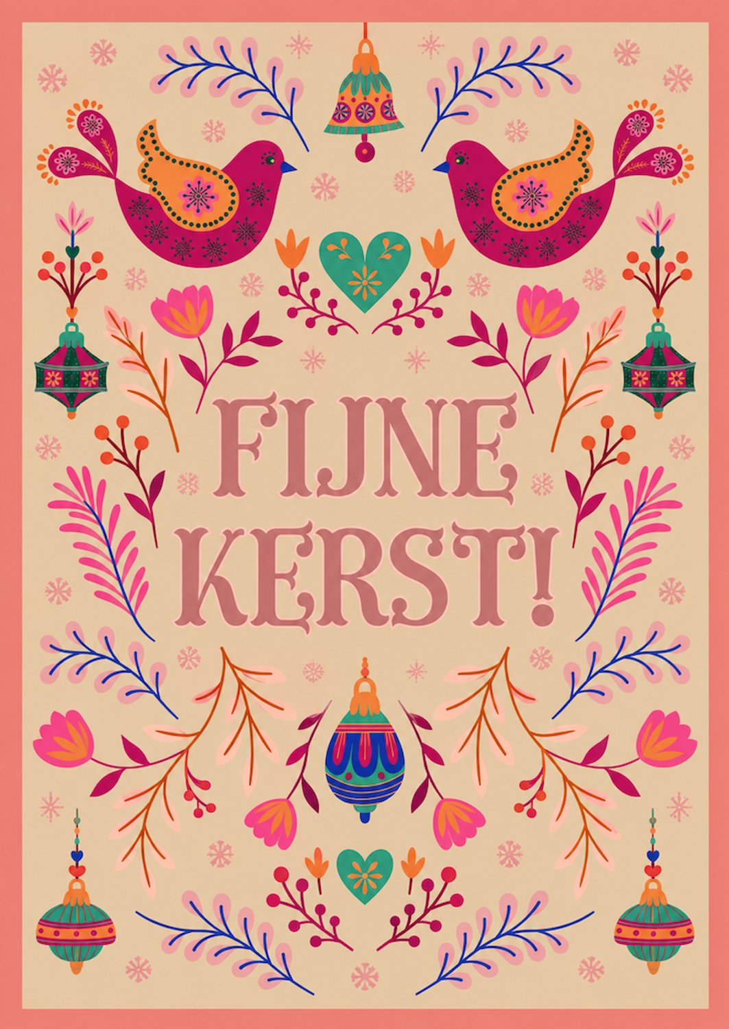 Fijne kerstkaart A6 – Feestelijke folklore kerstkaart met vogels en bloemen
