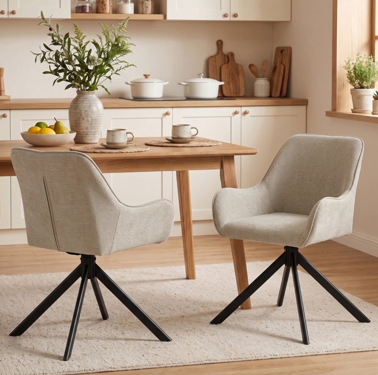 DESMIU Eetkamerstoel - Draaibaar Met Armleuningen - Set Van 2 - Voor Eetkamer En Woonkamer - Chenillestof - Beige