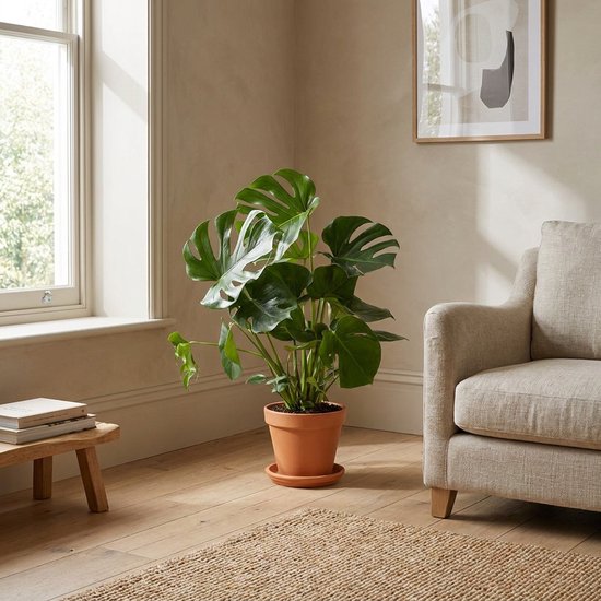 Monstera in een terracotta pot in een hoek met een fauteuil en houten vloer in een licht verlichte kamer.