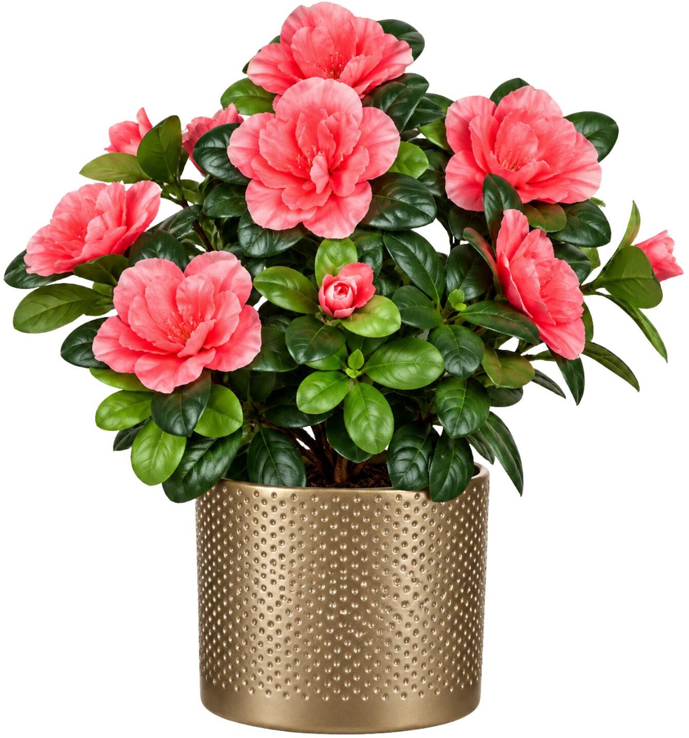 Mica Decorations Kunstplant - Azalea roze - H27 cm - in gouden bloempot - keramiek - complete set van pot en plant - decoratie stuk Goudkleurig